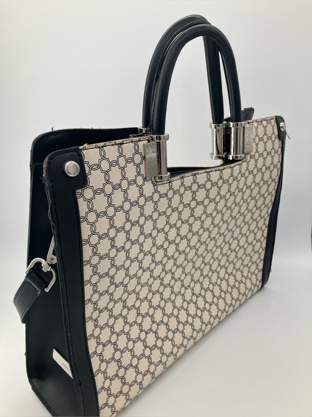 Ivanka Trump Monogram Satchel Black Cream Structured Tote Bag Silver Hardware